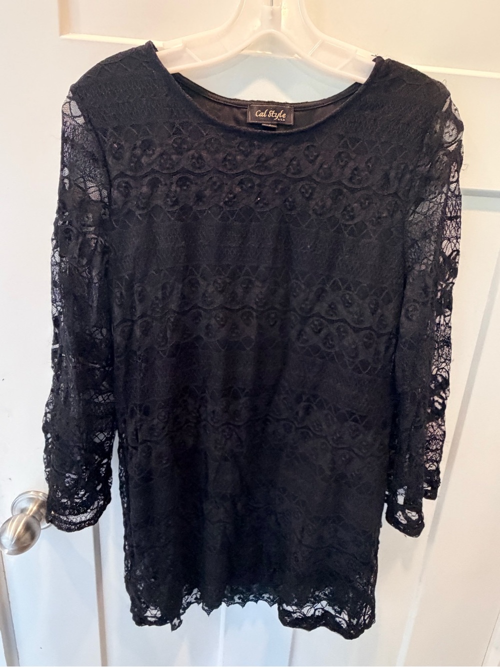 Cal Style Black Lace Dress Medium Made USA Long Sleeve Scalloped Hem